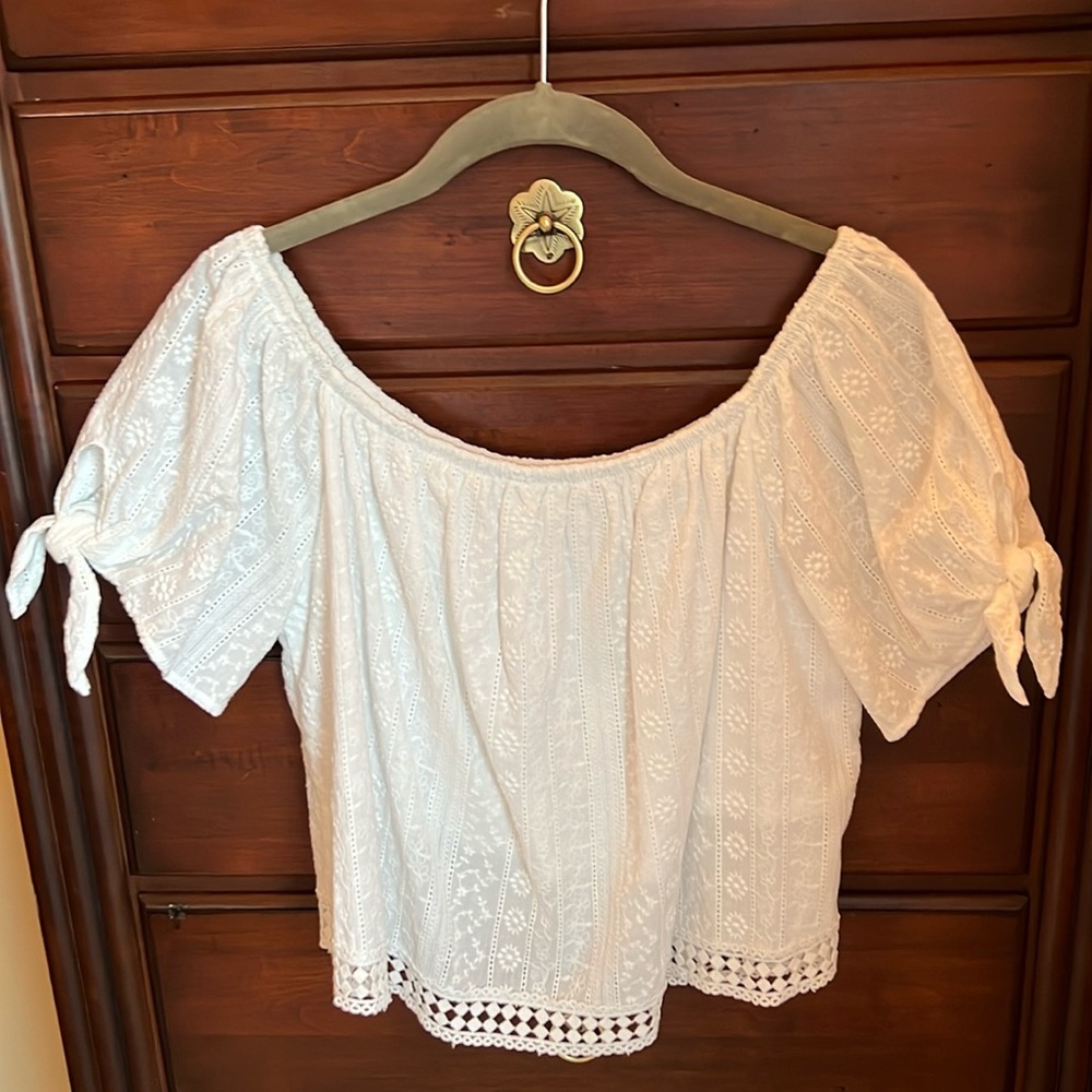 Abound Off Shoulder White Cotton Eyelet Lace Cropped Top